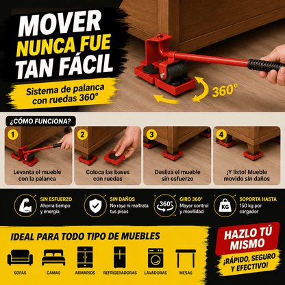 MoveLux™ | Kit Profesional 5 en 1 para Elevar y Mover Muebles sin esfuerzo