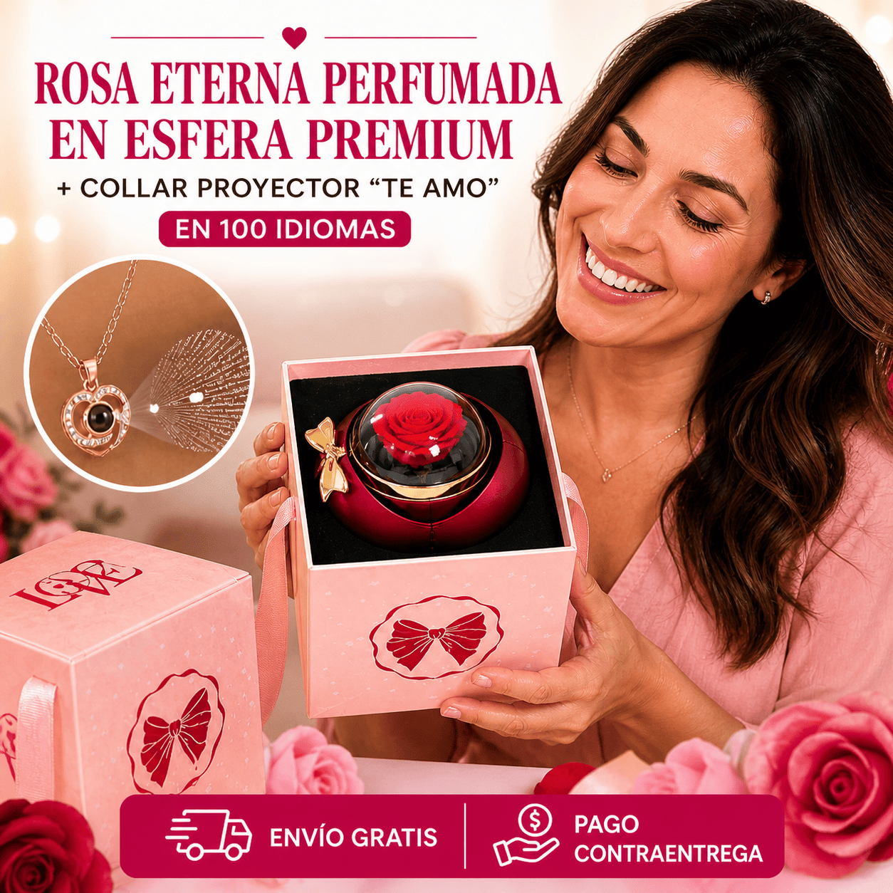 🌹 ROSA ETERNA PERFUMADA EN ESFERA PREMIUM 💖 Incluye Collar Proyector "Te Amo" en 100 Idiomas de Regalo